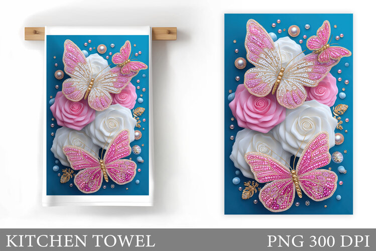 Butterfly Kitchen Towel. Flowers Kitchen Towel Sublimation example image 1