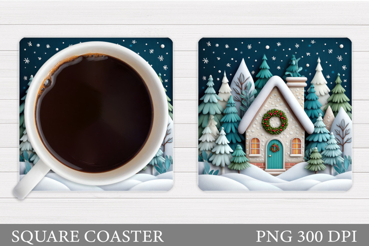 Winter House Coaster Sublimation. Christmas Coaster Design