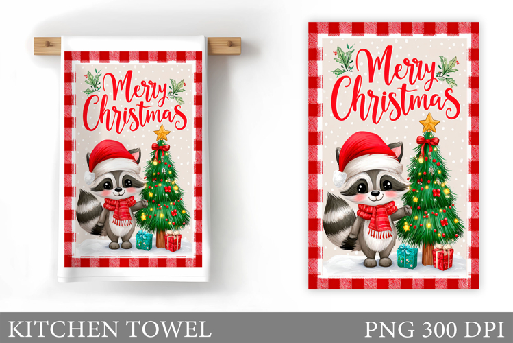 Christmas Raccoon Kitchen Towel. Christmas Kitchen Towel