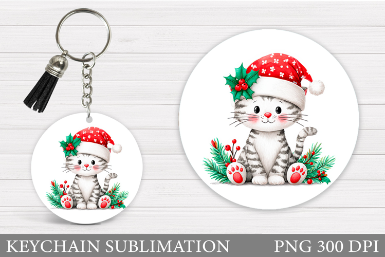 Christmas Cat Keychain. Christmas Keychain Sublimation