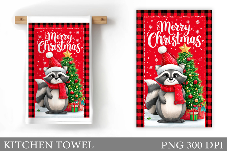 Christmas Raccoon Kitchen Towel. Christmas Kitchen Towel