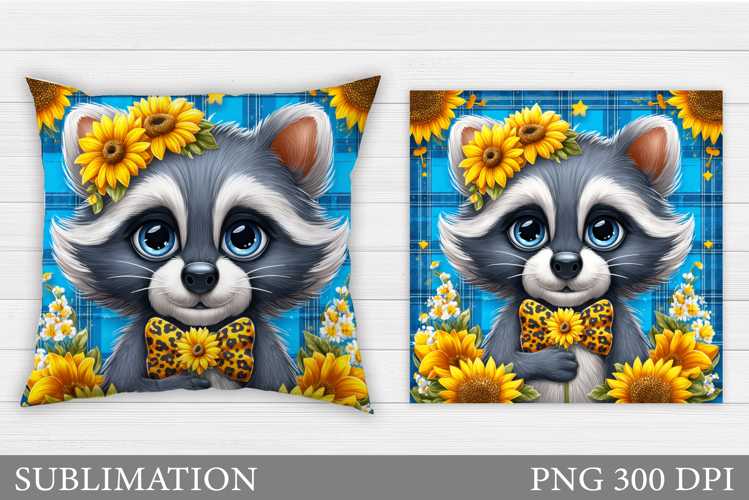 Cute Raccoon Pillow Design. Raccoon Flowers Pillow
