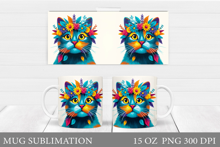 Cat Mug Wrap Design. Summer Cat Sublimation