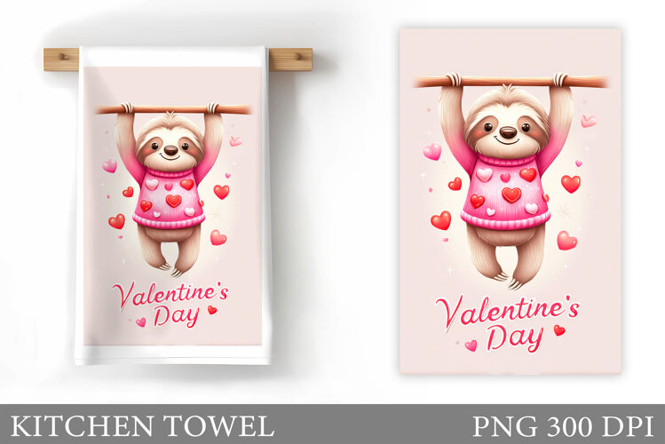 Valentines Sloth Kitchen Towel. Valentines Sloth Sublimation example image 1
