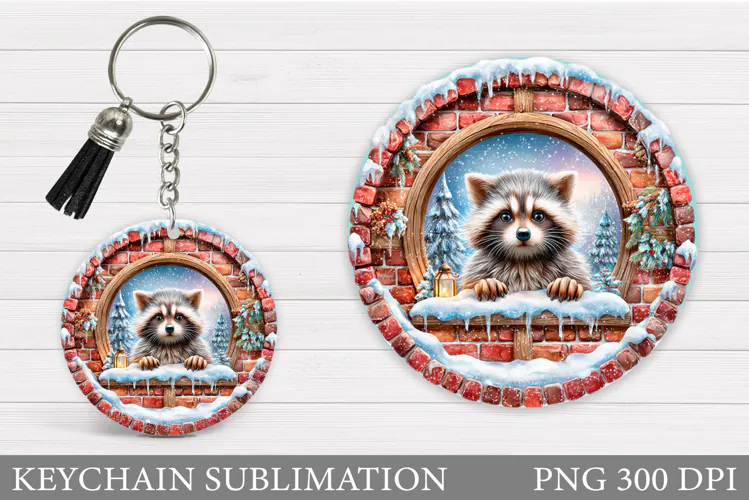 Christmas Raccoon Keychain. Christmas Keychain Sublimation