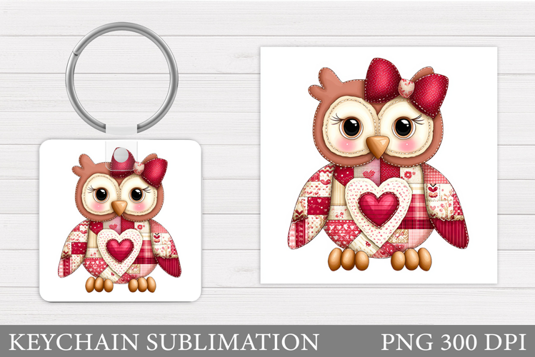 Patchwork Owl Keychain. Valentines Owl Keychain Sublimation