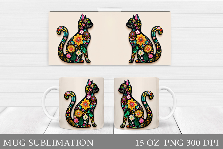 Floral Cat Mug Design. Valentines Mug Sublimation