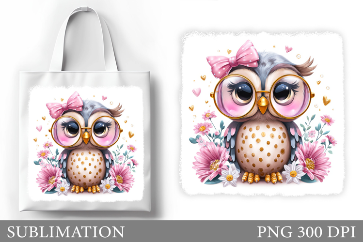 Cute Owl Tote Bag Design. Cute Owl Flowers Sublimation
