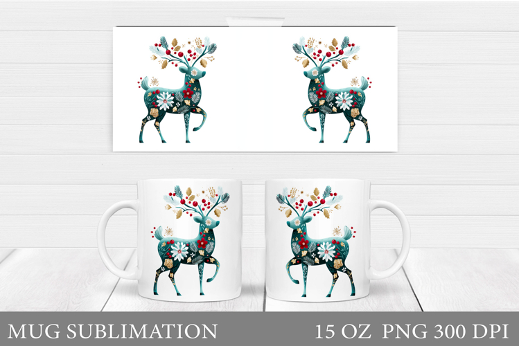 Reindeer Mug Wrap Design. Christmas Mug Sublimation