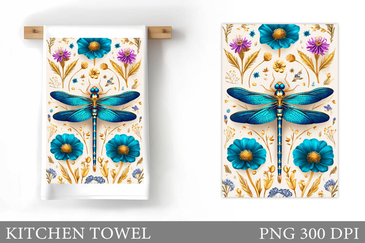 Dragonfly Kitchen Towel. Flowers Kitchen Towel Sublimation example image 1
