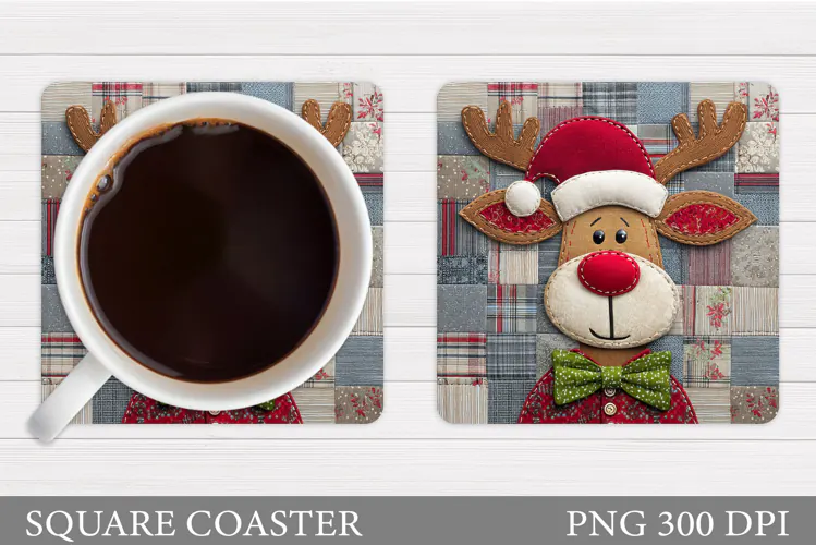 Patchwork Deer Coaster Design. Christmas Coaster Sublimation