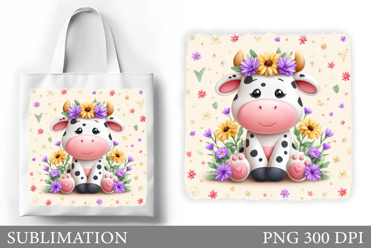 Cute Cow Tote Bag Sublimation. Cow Flowers Sublimation