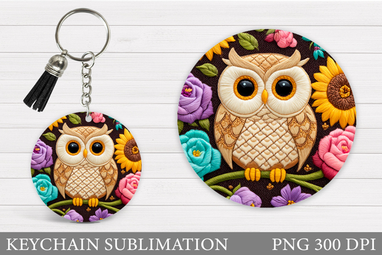 Owl Keychain Sublimation. Owl Flowers Keychain Design