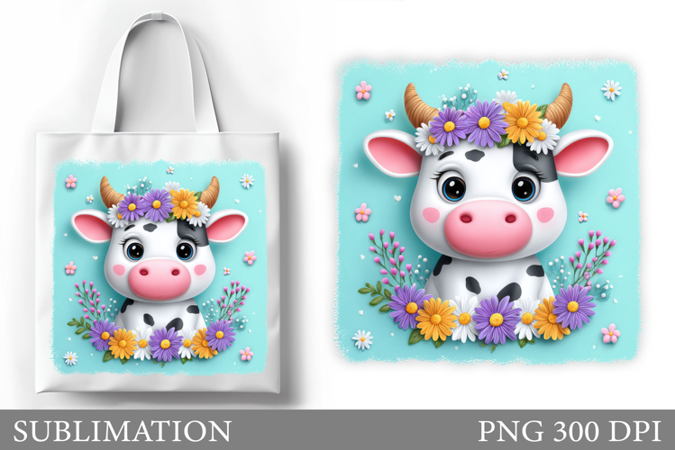 Cute Cow Tote Bag Sublimation. Cow Flowers Sublimation