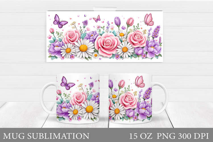 Butterflies Mug Sublimation. Flowers Roses Mug Design
