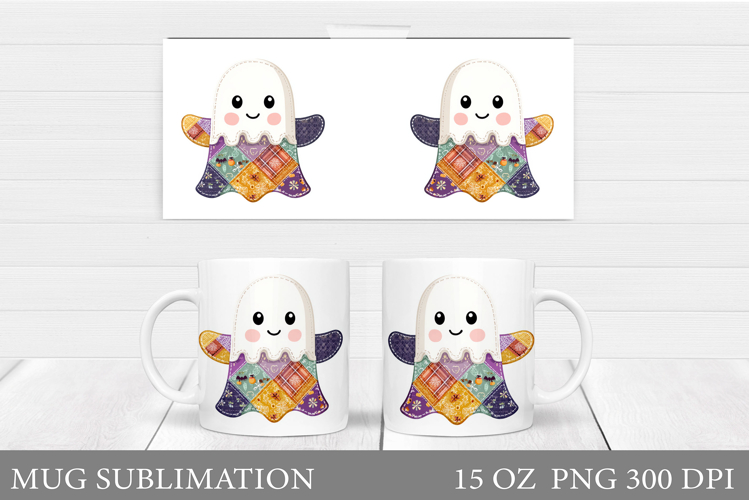 Patchwork Ghost Mug Sublimation. Cute Halloween Mug Design
