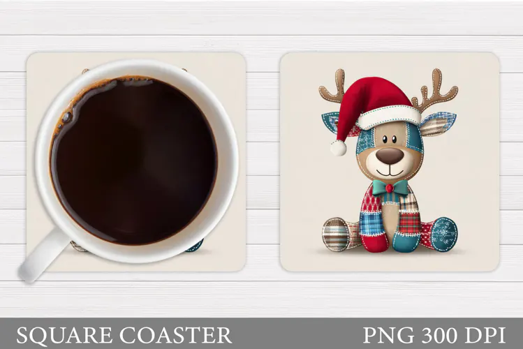 Patchwork Deer Coaster Design. Christmas Coaster Sublimation