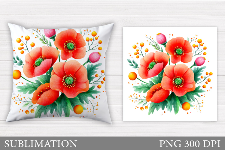 Poppies Pillow Design. Flowers Pillow Sublimation