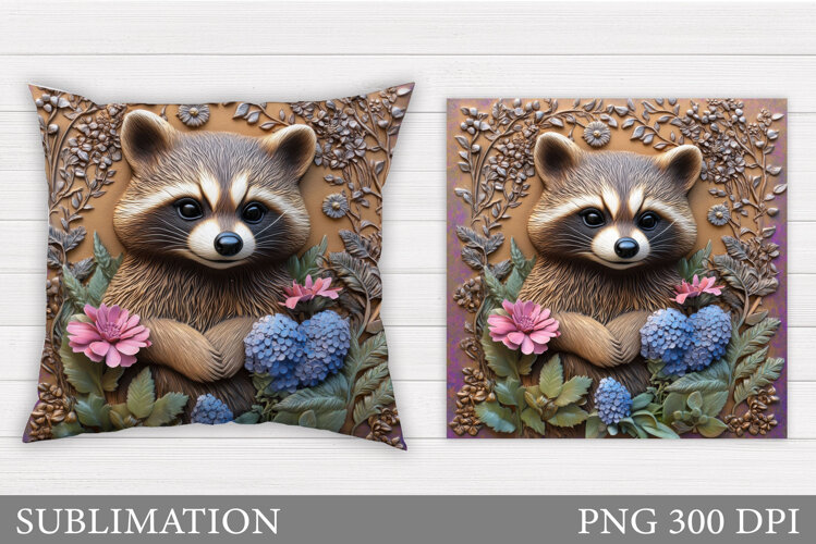 Cute Raccoon Pillow Design. Raccoon Flowers Pillow example image 1