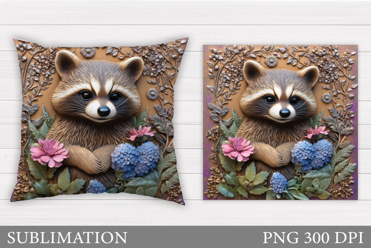 Cute Raccoon Pillow Design. Raccoon Flowers Pillow