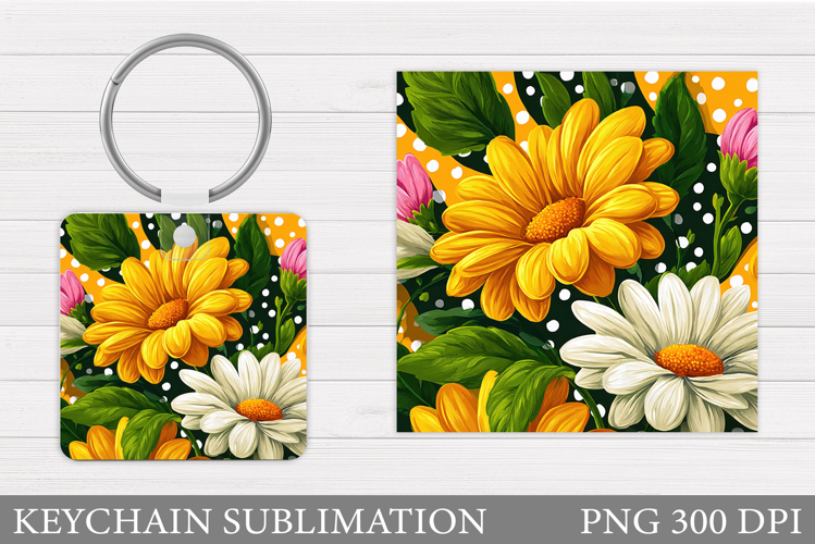 Daisy Flowers Keychain Design. Floral Keychain Sublimation
