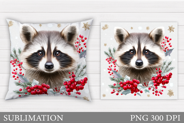 Cute Raccoon Pillow Design. Christmas Pillow Sublimation