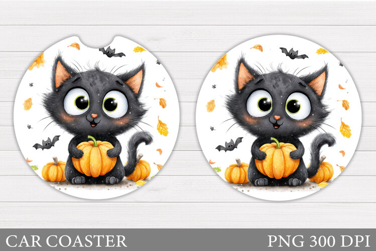 Black Cat Car Coaster. Cute Halloween Car Coaster example image 1