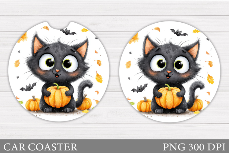 Black Cat Car Coaster. Cute Halloween Car Coaster