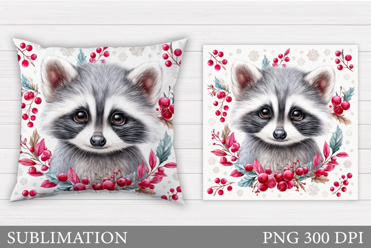 Cute Raccoon Pillow Design. Christmas Pillow Sublimation