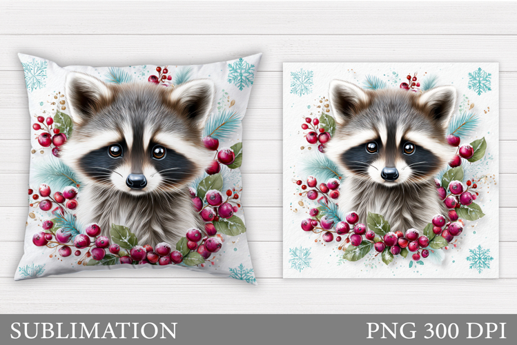 Cute Raccoon Pillow Design. Christmas Pillow Sublimation