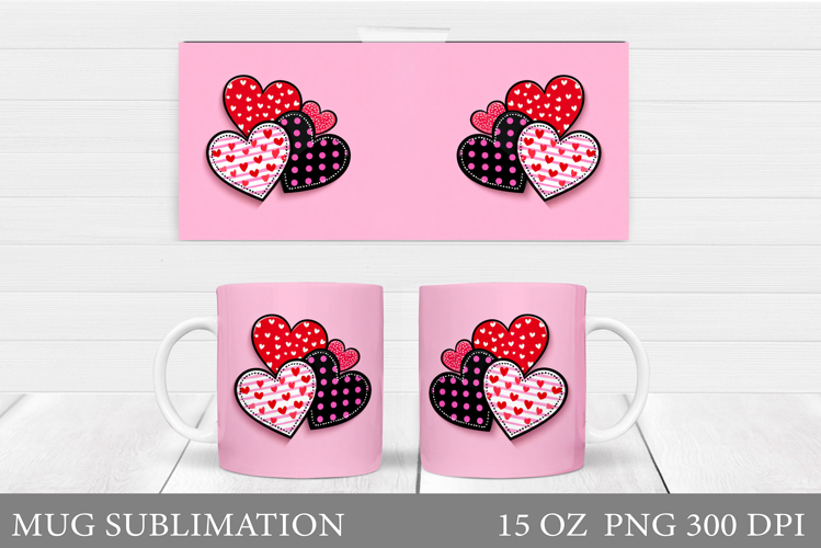Hearts Mug Wrap Design. Valentine Mug Sublimation