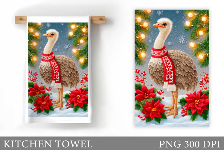 Christmas Ostrich Kitchen Towel. Christmas Kitchen Towel