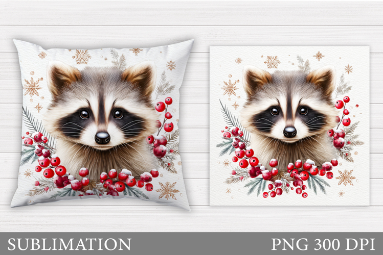 Cute Raccoon Pillow Design. Christmas Pillow Sublimation