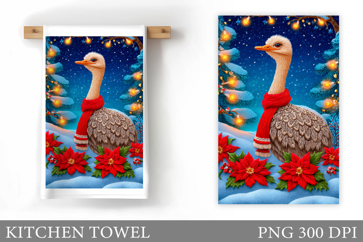 Christmas Ostrich Kitchen Towel. Christmas Kitchen Towel