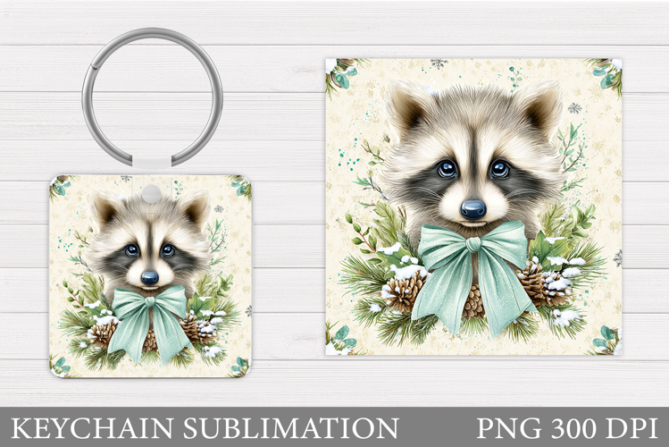 Christmas Raccoon Keychain. Christmas Keychain Sublimation