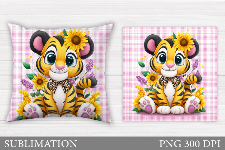 Cute Tiger Pillow Design. Cute Tiger Flowers Sublimation