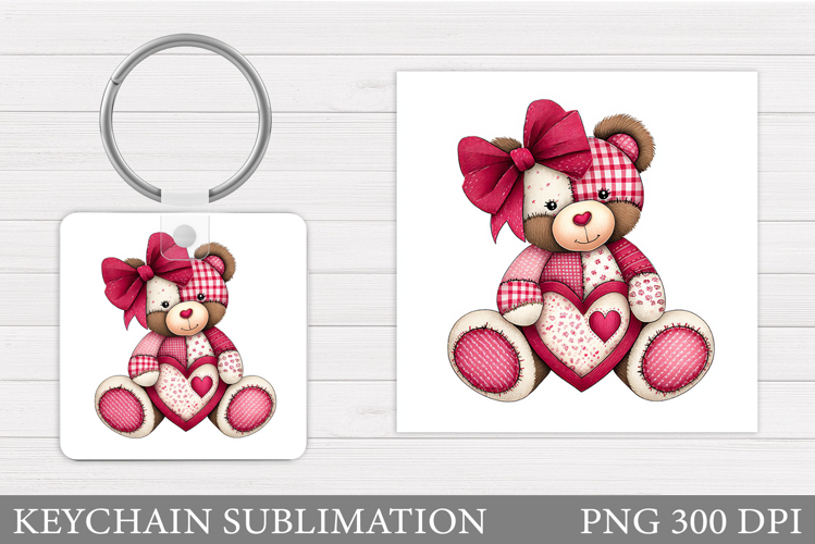 Patchwork Bear Keychain. Valentines Keychain Sublimation