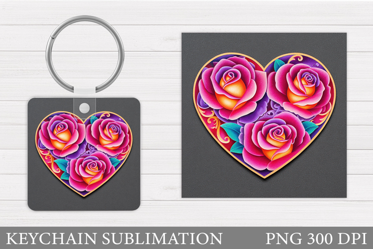 Floral Heart Keychain Sublimation. Valentine Keychain Design
