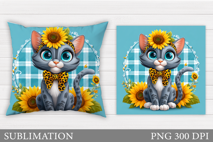 Cute Cat Pillow Sublimation. Cat Flowers Pillow Design