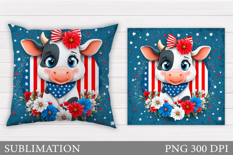 Patriotic Cow Pillow Design. Patriotic Pillow Sublimation