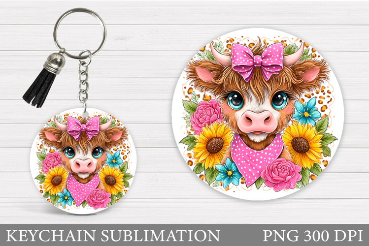 Cow Keychain Sublimation. Cow Flowers Keychain Design