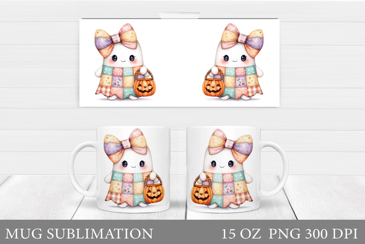 Patchwork Ghost Mug Sublimation. Cute Halloween Mug Design