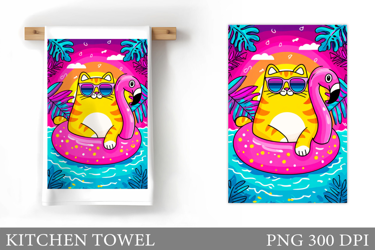 Funny Cat Kitchen Towel Design. Summer Cat Sublimation