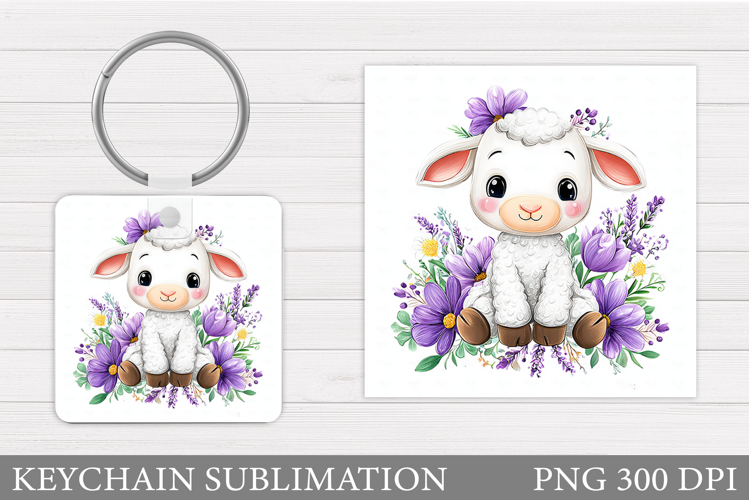 Cute Lamb Keychain Design. Lamb Flowers Keychain Sublimation