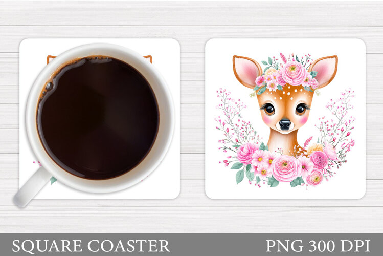 Cute Deer Coaster Sublimation. Deer Flowers Coaster Design example image 1