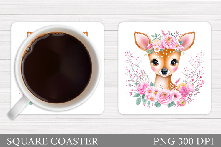 Cute Deer Coaster Sublimation. Deer Flowers Coaster Design