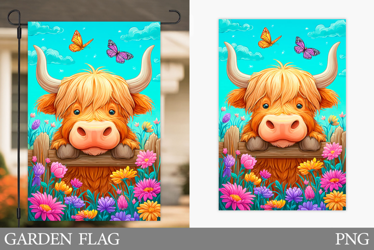 Highland Cow Garden Flag. Summer Cow Garden Flag Design