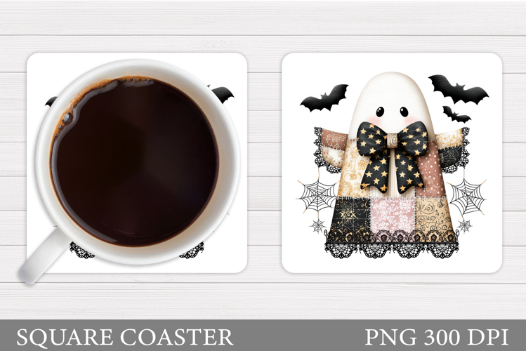 Patchwork Ghost Coaster Design. Cute Halloween Sublimation