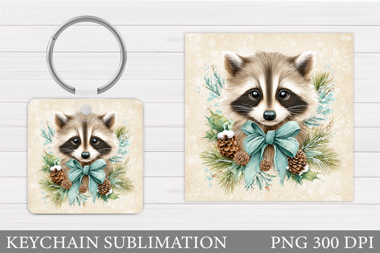 Christmas Raccoon Keychain. Christmas Keychain Sublimation