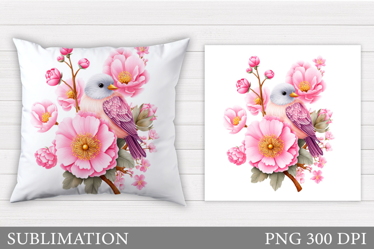 Bird Flowers Pillow Design. Bird Pillow Sublimation